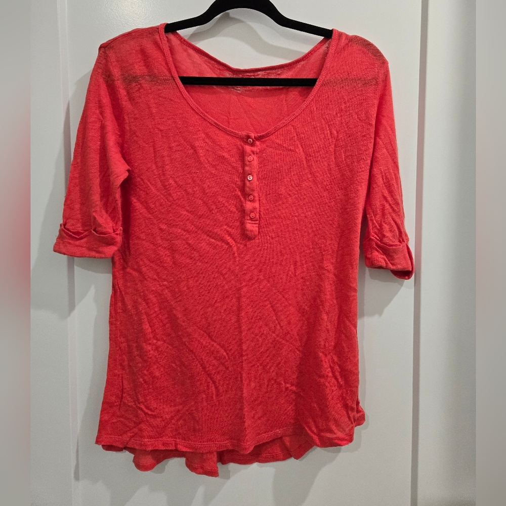 Majestic Filatures Linen Coral Crop Sleeve Top